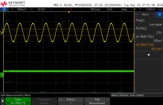 Oscilloscope capture of the equalizer delivering 320 mV input at minimum volume